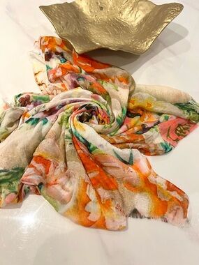 Indigo 100% modal Floral scarf/shawl with Orange, Green and Pink Accents